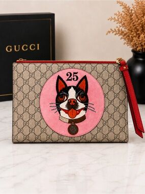 Gucci GG Supreme Clutch Limited Edition Year of the Dog - Boston Terrier Supreme